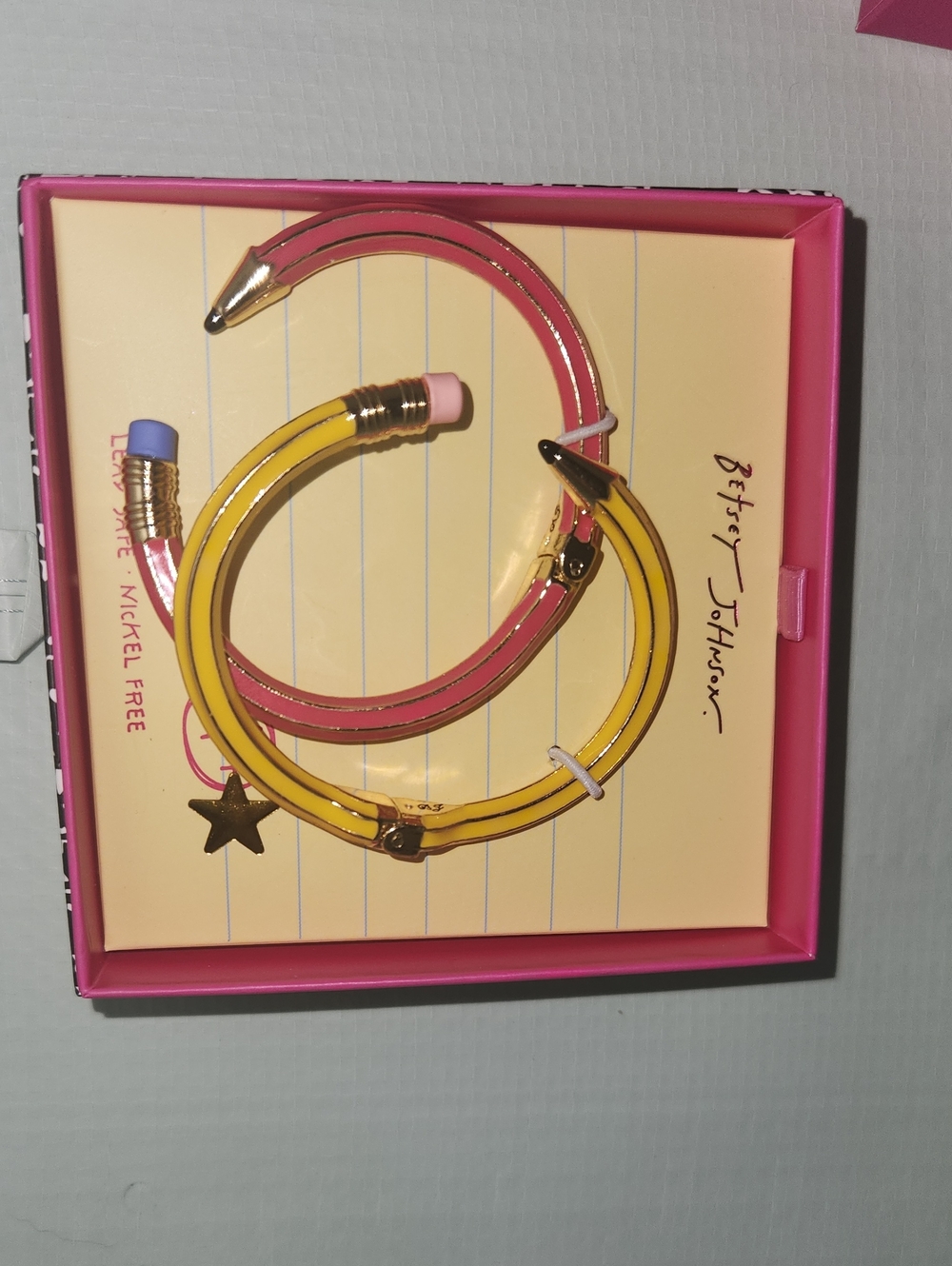 Betsey Johnson Pink and Yellow Pencil Bangle Duo 2 Bracelets Bnib